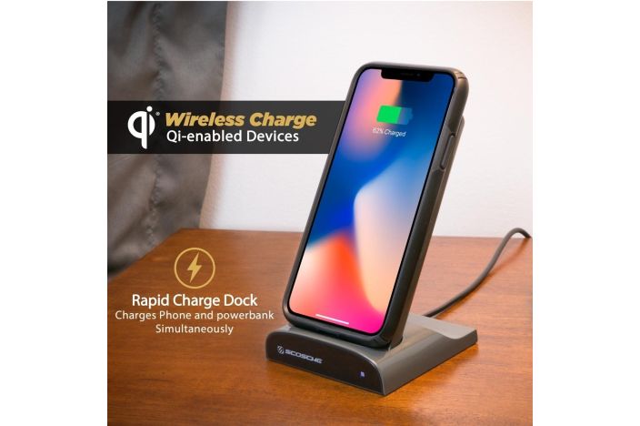 Scosche QiDock Powerbank - Innovative Qi Wireless Ladestation mit einer integrierten portablen PowerBank für alle Qi-kompatiblen Smartphones (Smartphones 10-Watt, iPhones 5-Watt) - Space Gray